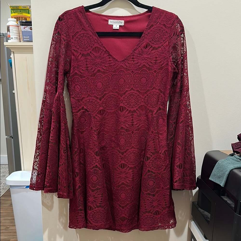 Love Riche Deep Red Lace Long Sleeve Dress